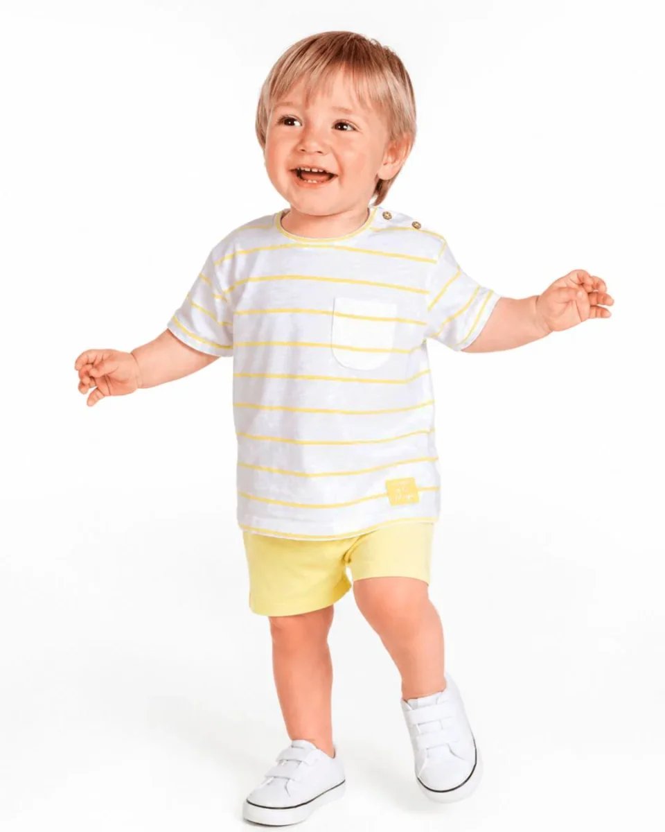 Camiseta bebé unisex rayas amarillas - Imagen 2