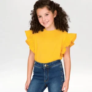 Camiseta niña mostaza manga corta con volantes