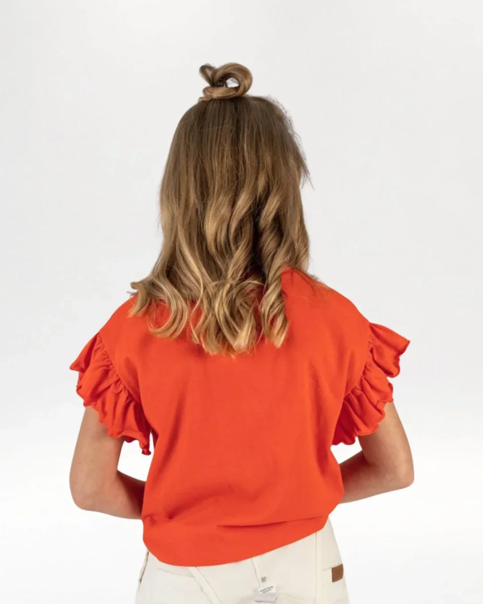 Camiseta niña roja manga corta con volantes - Imagen 7