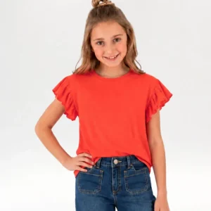 Camiseta niña roja manga corta con volantes