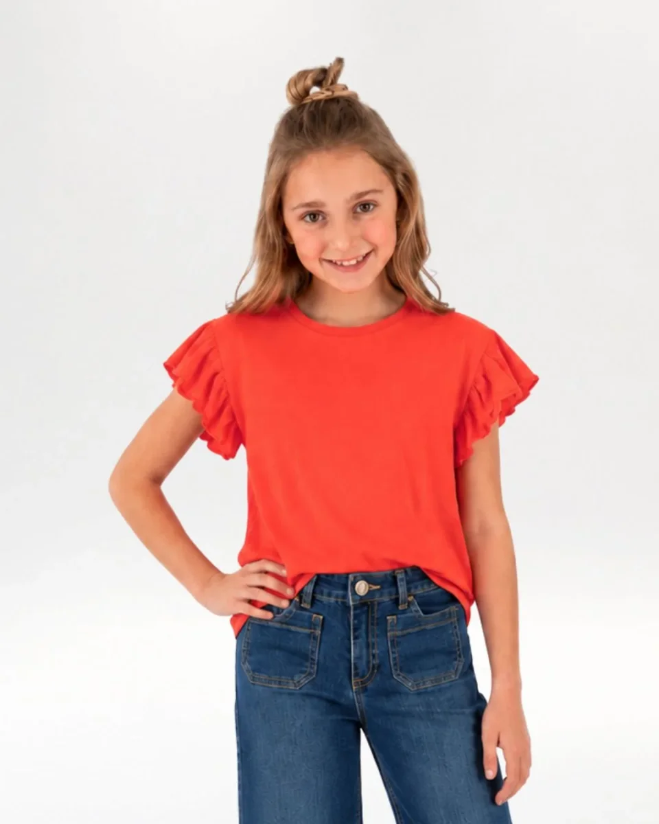 Camiseta niña roja manga corta con volantes