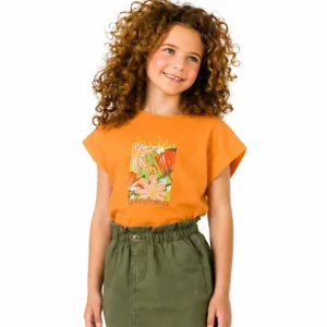 Camiseta de niña naranja estampado floral