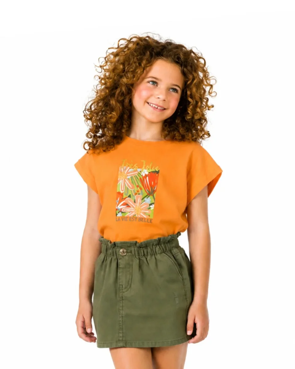 Camiseta de niña naranja estampado floral