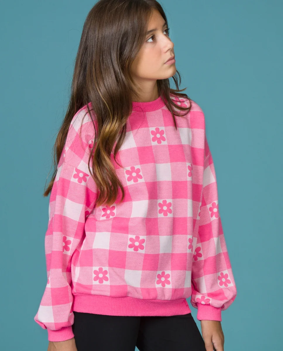 Jersey niña vichy rosa con flores jacquard - Imagen 4