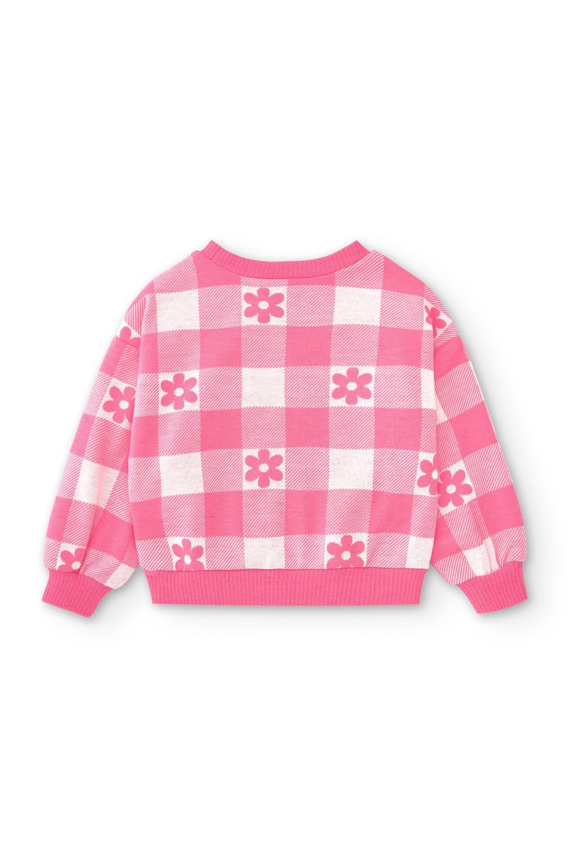 Jersey niña vichy rosa con flores jacquard - Imagen 3