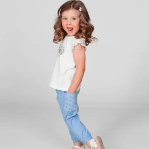 Pantalón bebé niña azul con detalle bordado