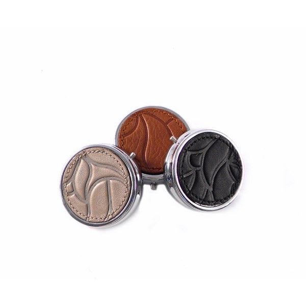 Pastillero metálico con tapa en piel color taupe o negro