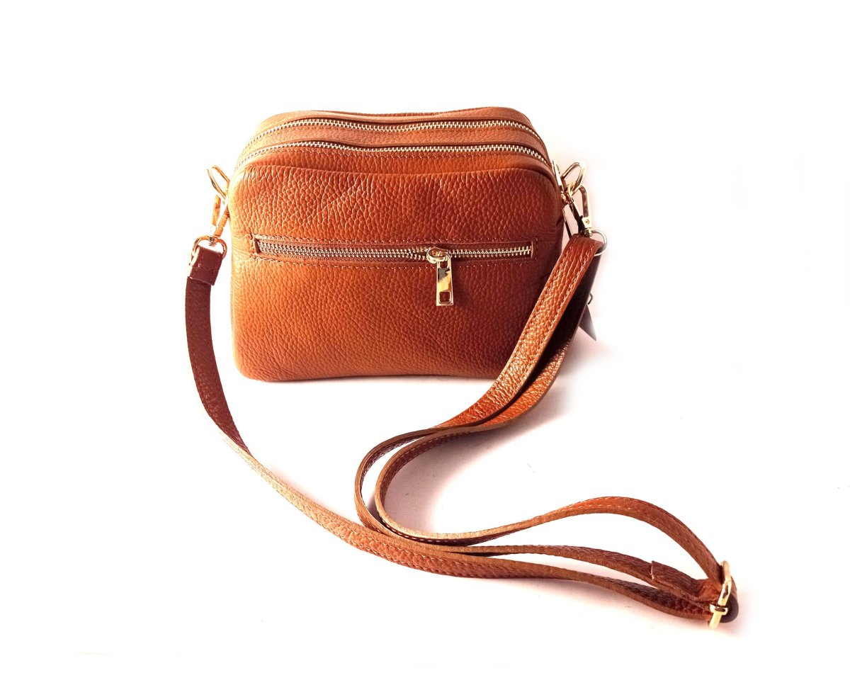 Bolso bandolera LB doble cremallera de piel legítima color cuero - Imagen 3