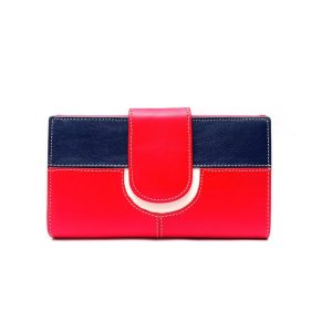 Cartera billetero grande para mujer en piel auténtica rojo y marino combinado