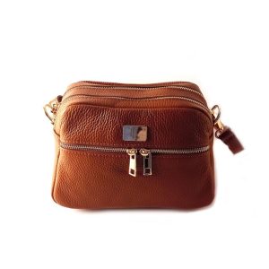 Bolso bandolera LB doble cremallera de piel legítima color cuero