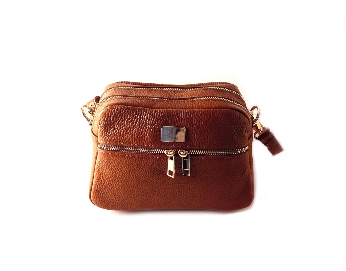 Bolso bandolera LB doble cremallera de piel legítima color cuero