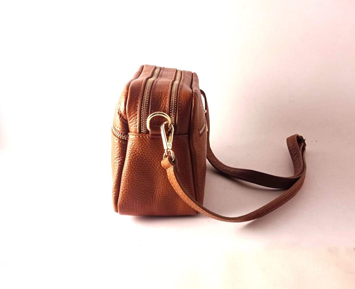 Bolso bandolera LB doble cremallera de piel legítima color cuero - Imagen 4