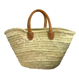 Cesta Capazo Artesanal para Playa/Piscina en Rafia con Asas Cortas de Piel