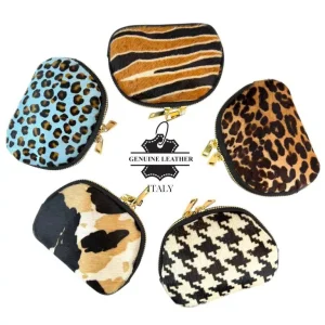 Monedero en Piel Italiana con Pelito, Diseño Frontal Animal Print y 2 Cremalleras Mujer