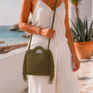 Bolso de Mano en Algodón Estilo Ganchillo con Flecos Laterales Decorativos para Mujer