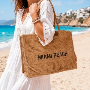 Amplio Bolso Tote de Papel Diseño “Miami Beach”, Asa Larga y Cremallera para Mujer
