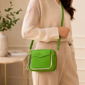Bolso Bandolera Piel de Serraje Italiana con Bolsillo Frontal para Mujer