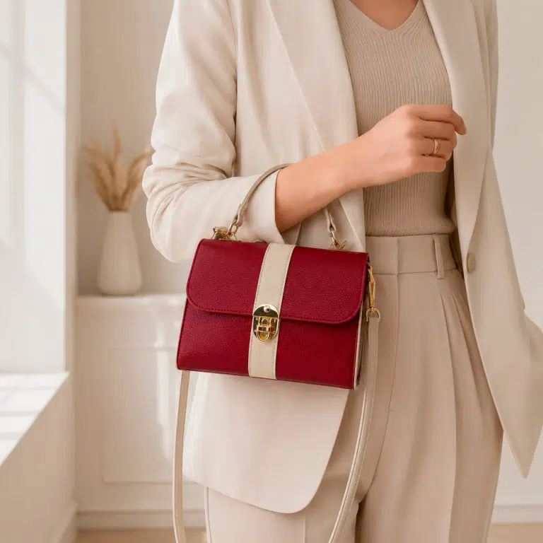 Bolso de Mano Bicolor en Piel Italiana con 2 Bolsillos con Cierre de Cremallera para Mujer