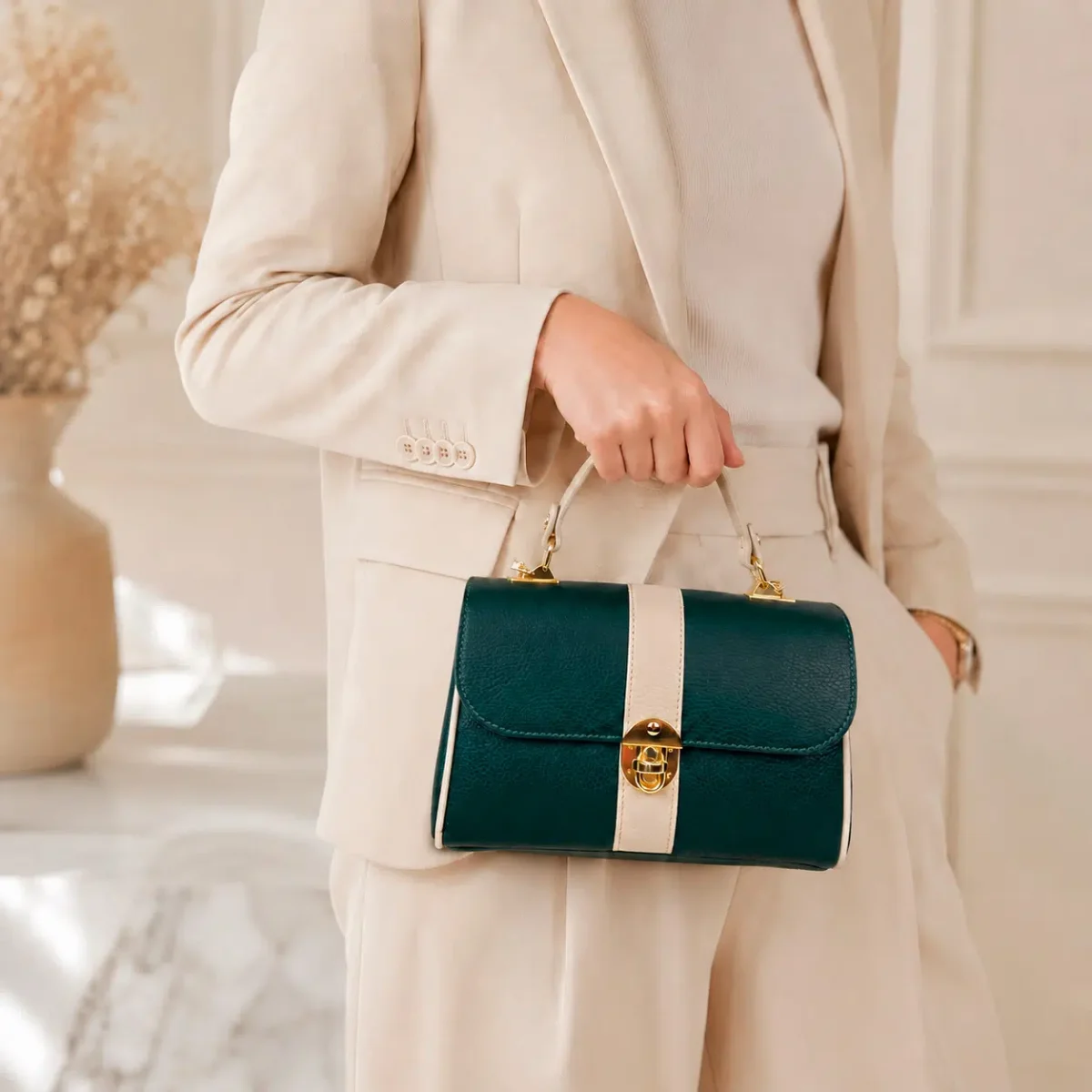 Bolso de Mano Bicolor en Piel Italiana con 2 Bolsillos con Cierre de Cremallera para Mujer - Imagen 3