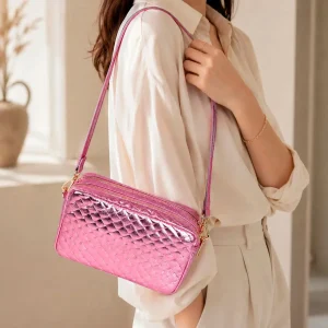 Bolso Bandolera de Mujer en Piel Italiana con Efecto Brillante y 2 Bolsillos con Cremallera