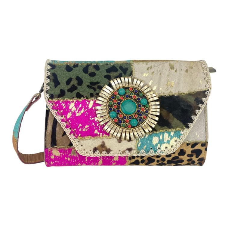 Bolso Bandolera Tipo Sobre en Piel Artesanal Estilo Patchwork Hippie Mujer con Diseño Exclusivo - Imagen 3