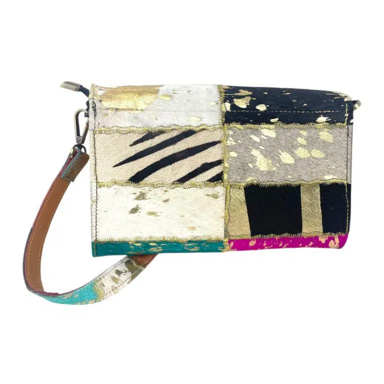 Bolso Bandolera Tipo Sobre en Piel Artesanal Estilo Patchwork Hippie Mujer con Diseño Exclusivo - Imagen 7