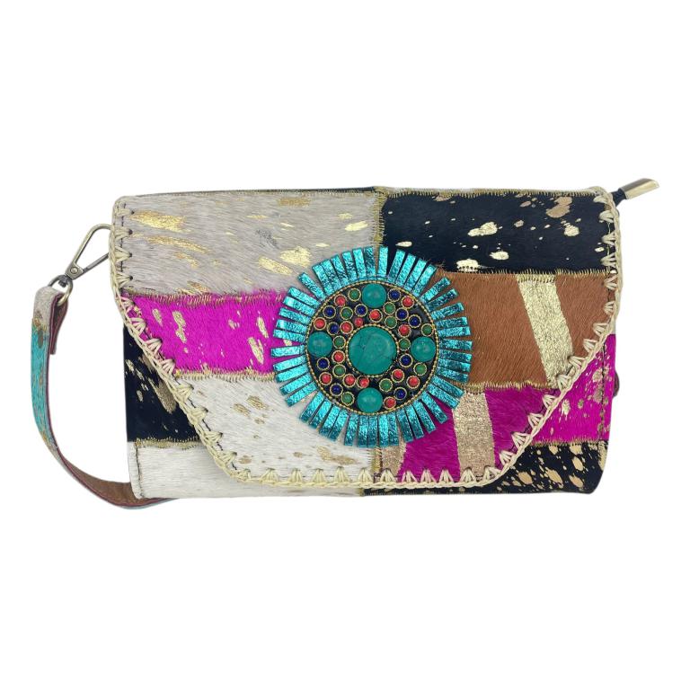 Bolso Bandolera Tipo Sobre en Piel Artesanal Estilo Patchwork Hippie Mujer con Diseño Exclusivo - Imagen 5