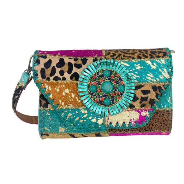 Bolso Bandolera Tipo Sobre en Piel Artesanal Estilo Patchwork Hippie Mujer con Diseño Exclusivo - Imagen 2