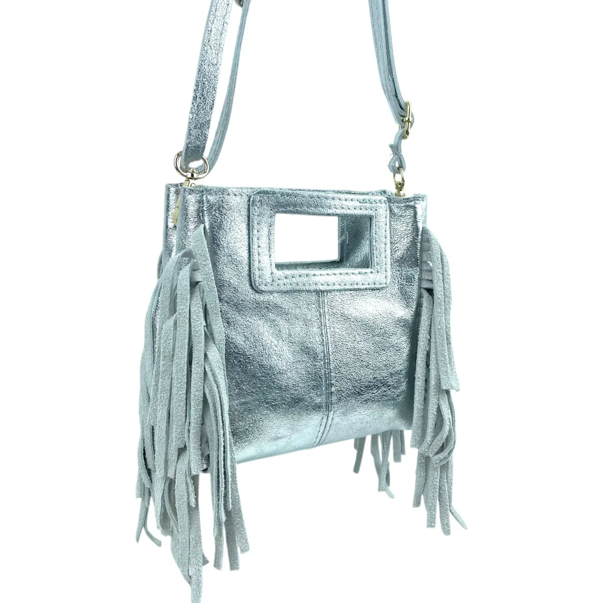 Bolso de Mano Metalizado y Compacto en Piel Italiana con Flecos Decorativos para Mujer - Imagen 5