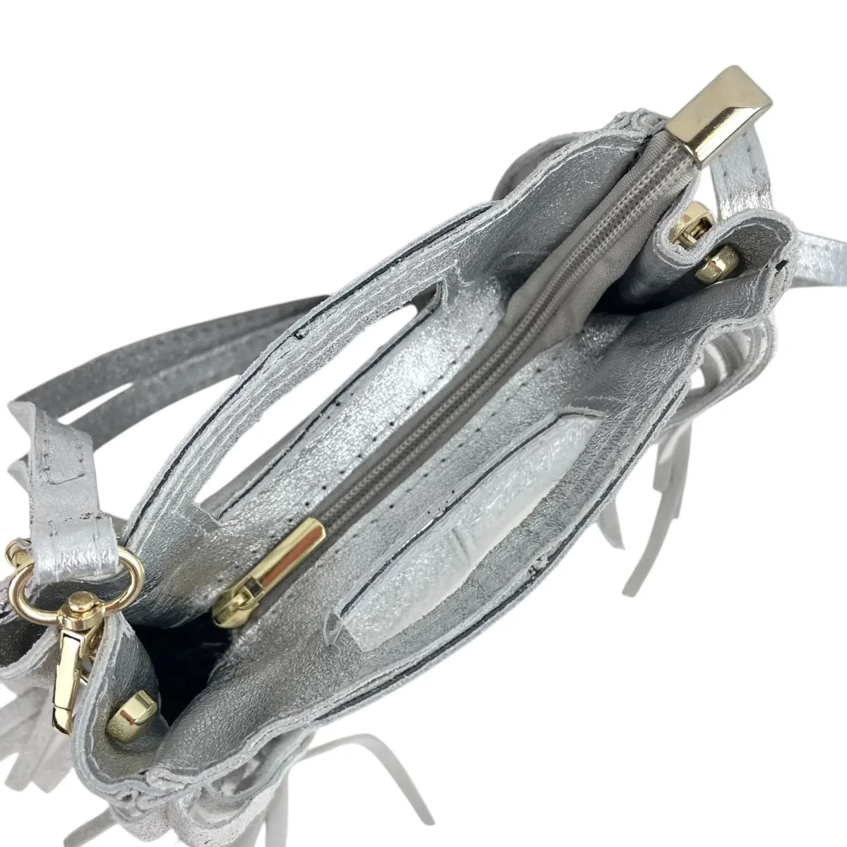Bolso de Mano Metalizado y Compacto en Piel Italiana con Flecos Decorativos para Mujer - Imagen 6