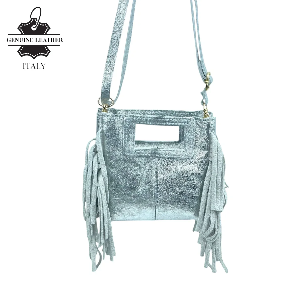 Bolso de Mano Metalizado y Compacto en Piel Italiana con Flecos Decorativos para Mujer - Imagen 4