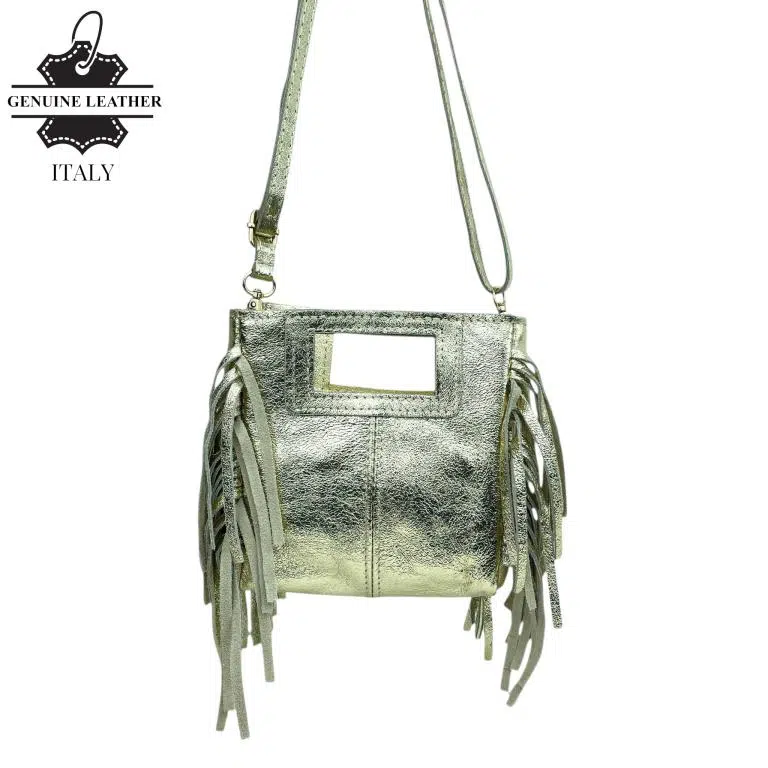 Bolso de Mano Metalizado y Compacto en Piel Italiana con Flecos Decorativos para Mujer - Imagen 3