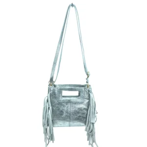 Bolso de Mano Metalizado y Compacto en Piel Italiana con Flecos Decorativos para Mujer