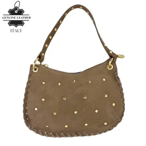 Bolso de Mano semiredonda en Piel Serraje con Tachuelas mujer