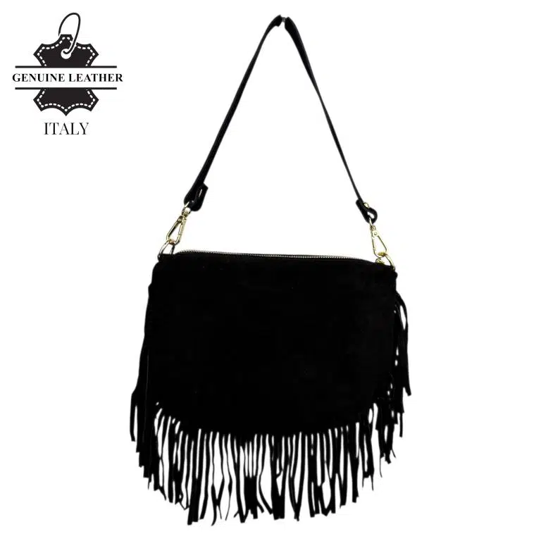 Bolso Bandolera de Antelina Italiana con Flecos Decorativos, Bolsillo Trasero y Asa Corta para Mujer - Imagen 4