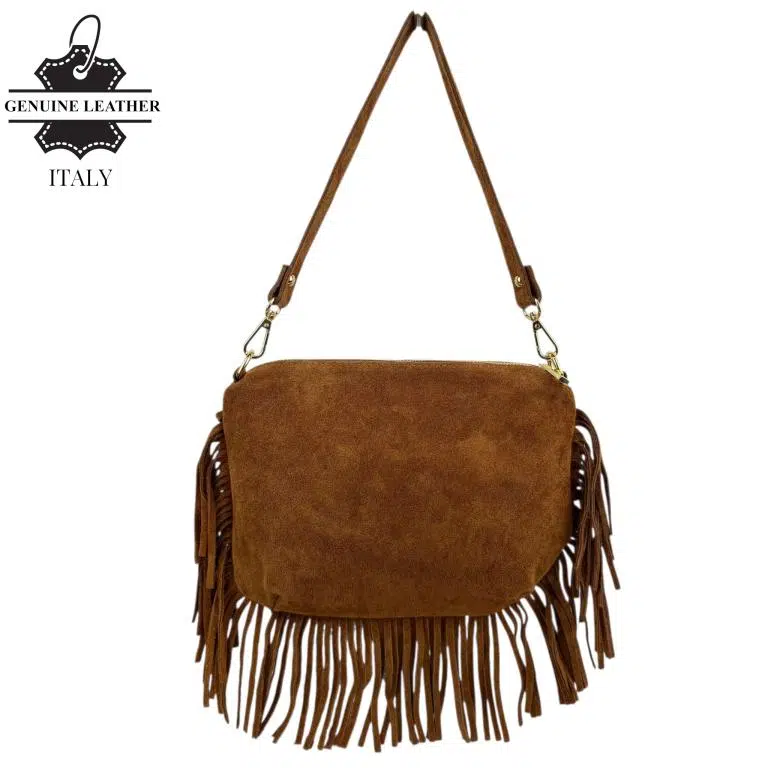 Bolso Bandolera de Antelina Italiana con Flecos Decorativos, Bolsillo Trasero y Asa Corta para Mujer - Imagen 7