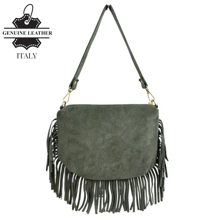 Bolso Bandolera de Antelina Italiana con Flecos Decorativos, Bolsillo Trasero y Asa Corta para Mujer - Imagen 9