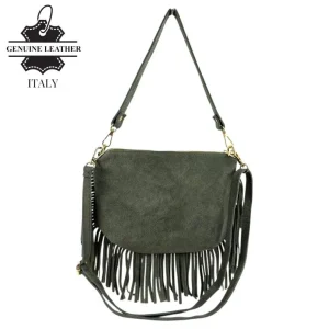 Bolso Bandolera de Antelina Italiana con Flecos Decorativos, Bolsillo Trasero y Asa Corta para Mujer