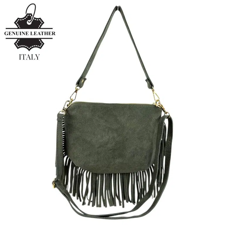 Bolso Bandolera de Antelina Italiana con Flecos Decorativos, Bolsillo Trasero y Asa Corta para Mujer - Imagen 2