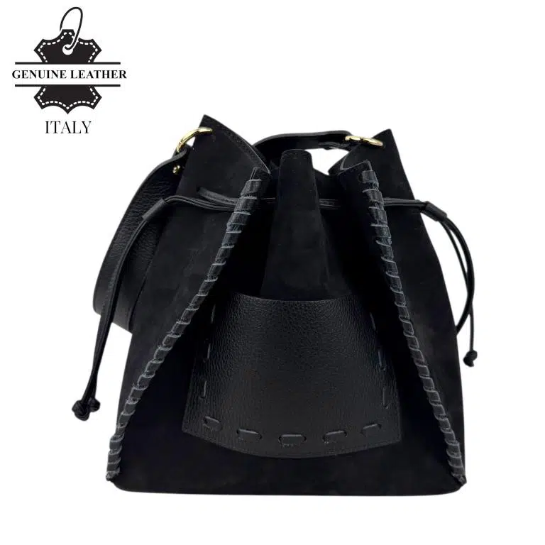 Bolso Bucket en Piel serraje con Compartimento Frontal y Cierre de Cuerdas Mujer - Imagen 5
