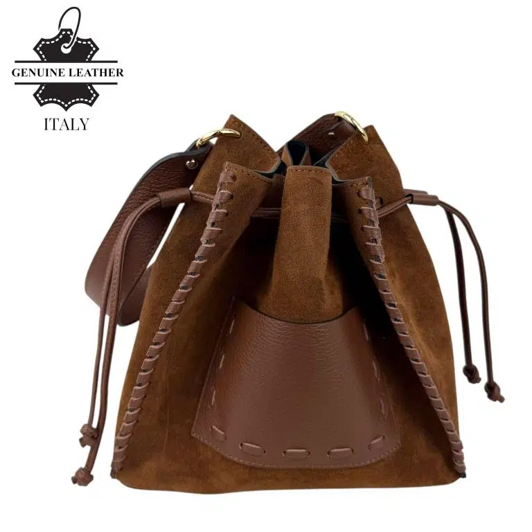 Bolso Bucket en Piel serraje con Compartimento Frontal y Cierre de Cuerdas Mujer - Imagen 4