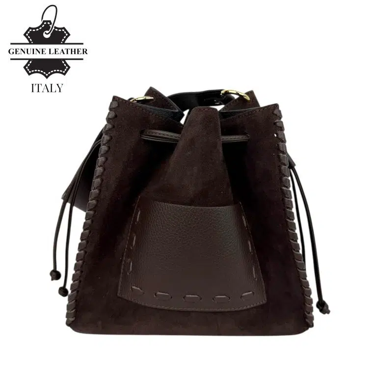 Bolso Bucket en Piel serraje con Compartimento Frontal y Cierre de Cuerdas Mujer - Imagen 6