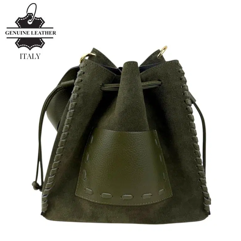 Bolso Bucket en Piel serraje con Compartimento Frontal y Cierre de Cuerdas Mujer - Imagen 3