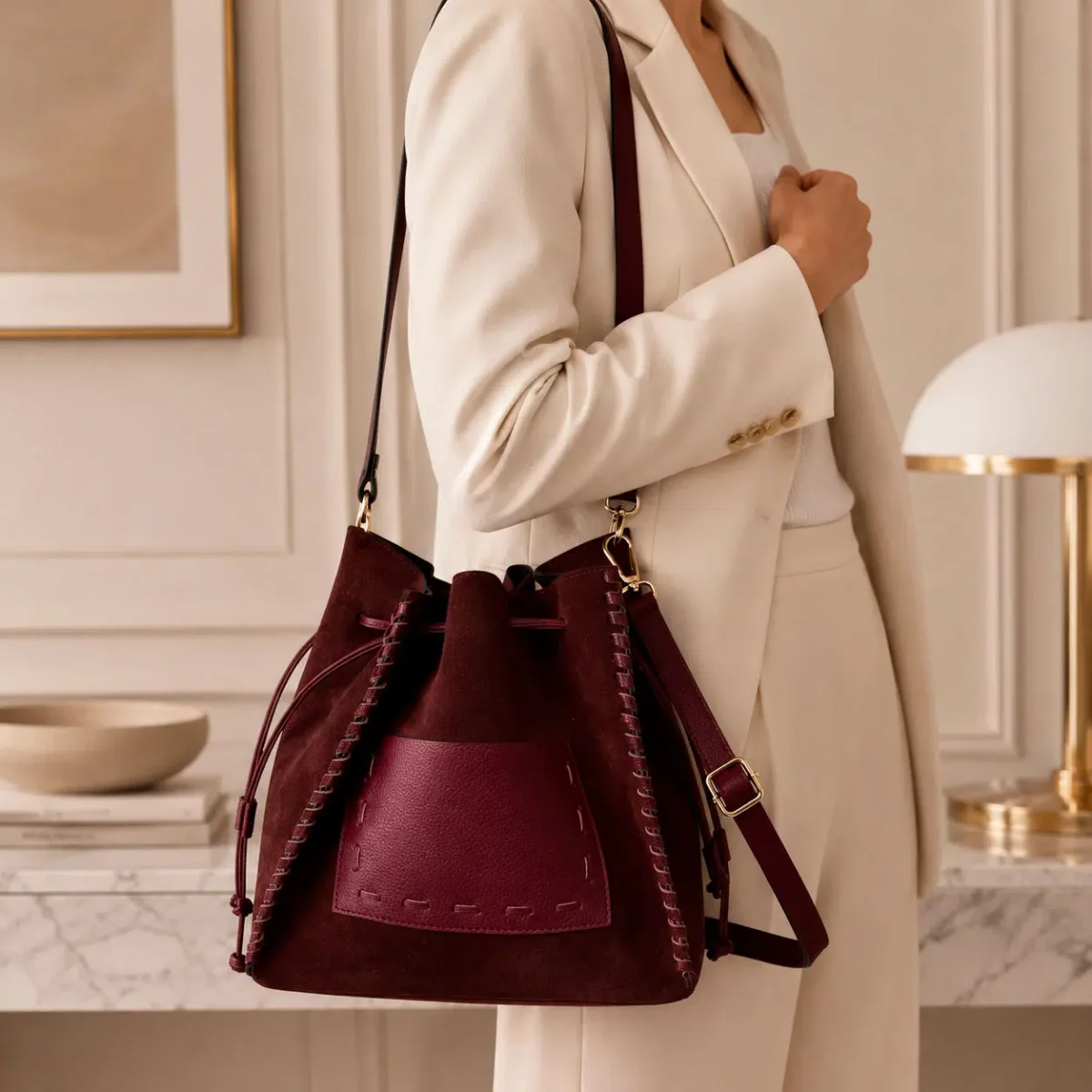 Bolso Bucket en Piel serraje con Compartimento Frontal y Cierre de Cuerdas Mujer