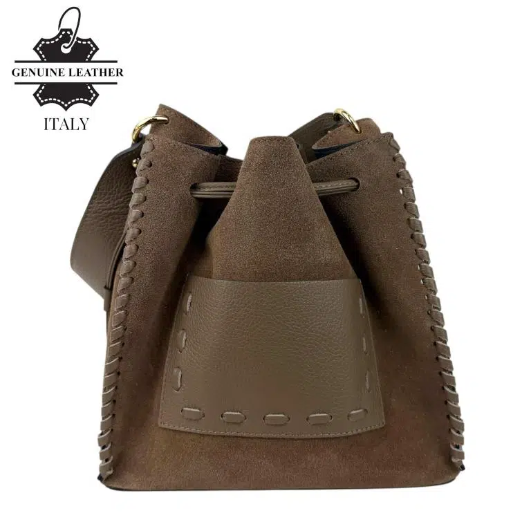 Bolso Bucket en Piel serraje con Compartimento Frontal y Cierre de Cuerdas Mujer - Imagen 7