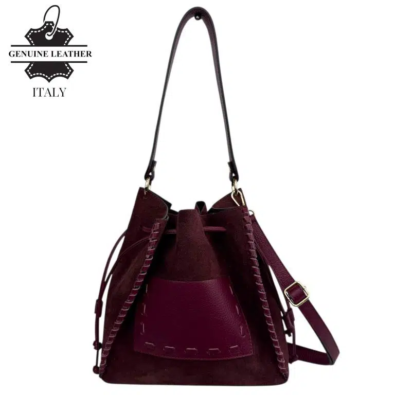 Bolso Bucket en Piel serraje con Compartimento Frontal y Cierre de Cuerdas Mujer - Imagen 9