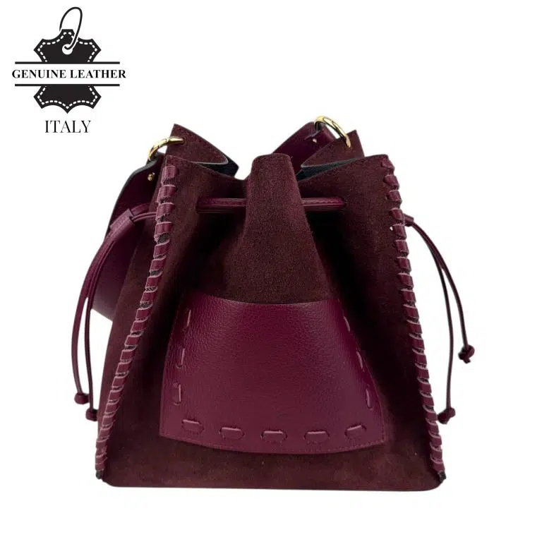 Bolso Bucket en Piel serraje con Compartimento Frontal y Cierre de Cuerdas Mujer - Imagen 8