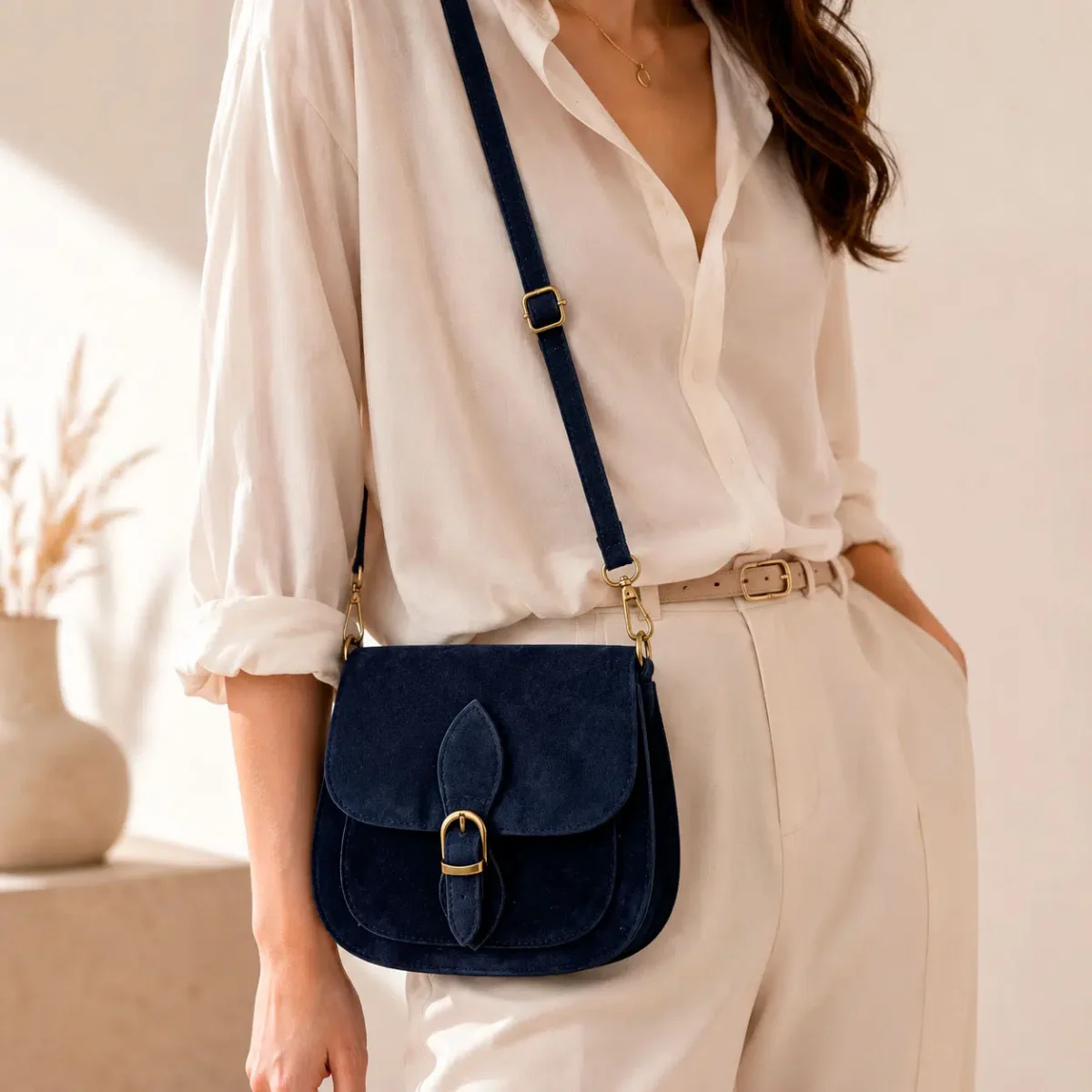 Bolso Bandolera de Serraje Italiano con Gran Calidad, Solapa y Compartimento Frontal para Mujer
