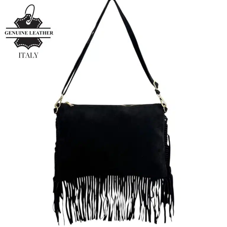 Bolso Bandolera de Serraje Italiano con Gran Calidad, Flecos Decorativos y Cremallera para Mujer - Imagen 6