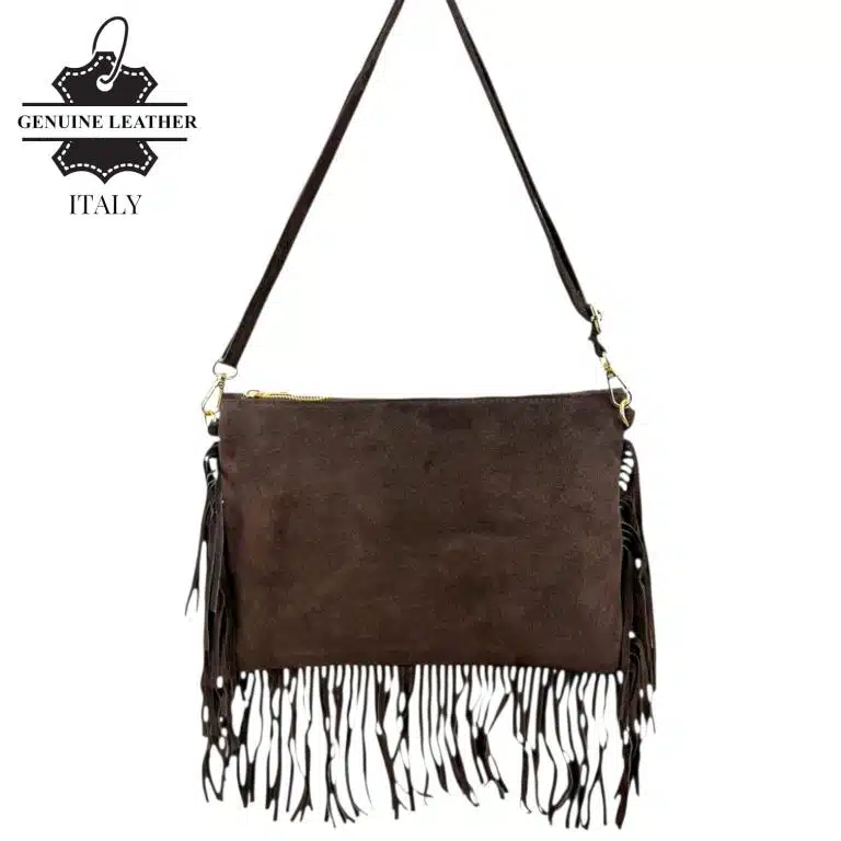 Bolso Bandolera de Serraje Italiano con Gran Calidad, Flecos Decorativos y Cremallera para Mujer - Imagen 9